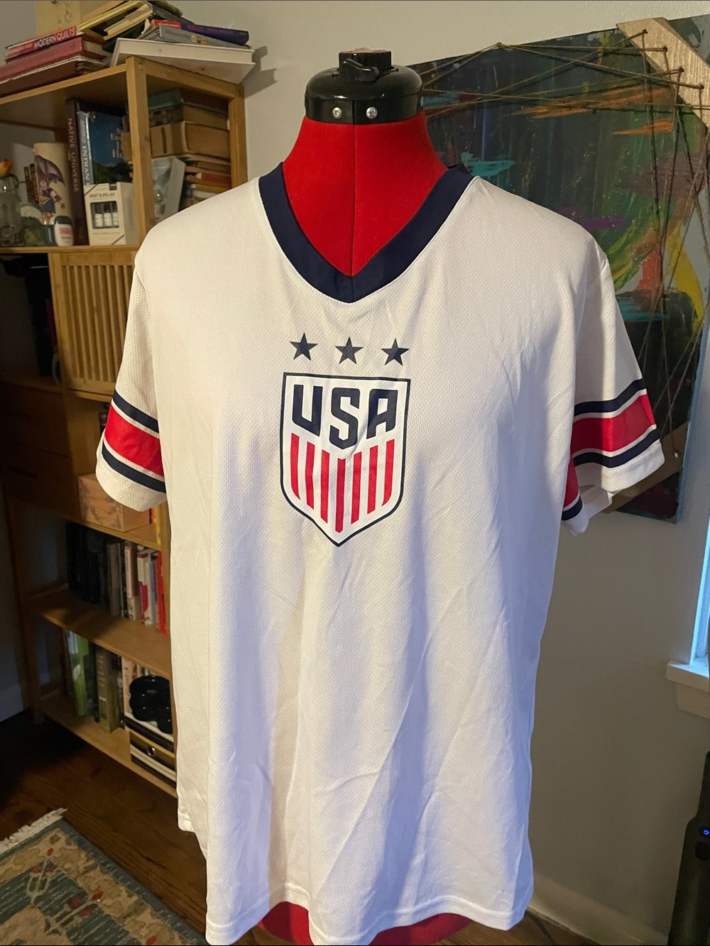 USA Shield V-Neck Soccer Shirt - White with Navy & Red